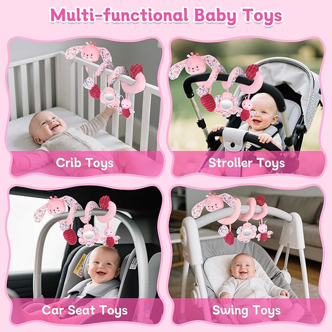 Hanging Car Seat Toys, Spiral Crib & Stroller Activity Toys with Rattles for Babies 0-6 Months, Baby Car Seat Accessories Toy for Developing Sensory & Motor Skills, Gift for Newborn Infant - Rabbit