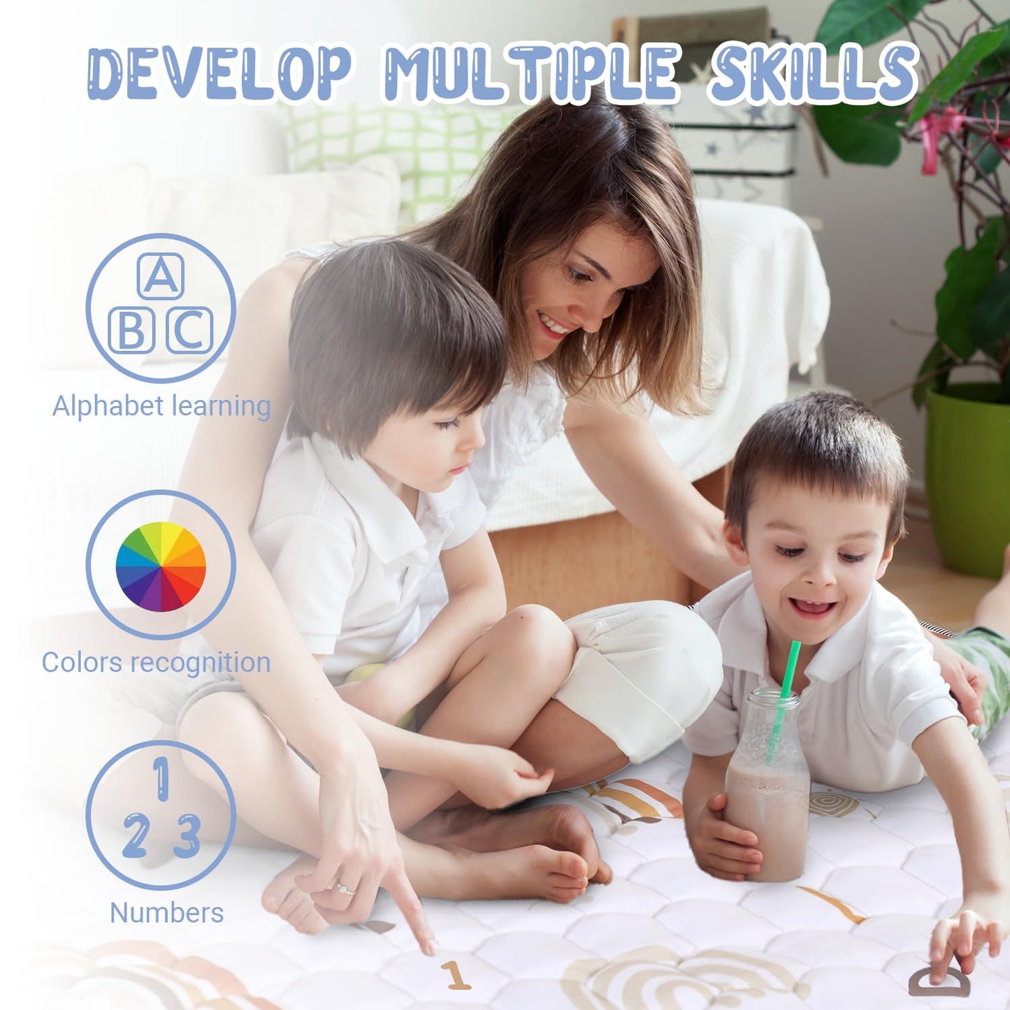 Boho Rainbow Baby Play Mat 50" X 50" Playpen Mat Thicken One-Piece Baby Crawling Mat Non-Slip Cushioned Baby Floor Mat Activity Playmats for Infants, Babies, Toddlers (50X50, Letters+Number)