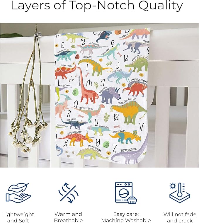 MDPrints Global Dinosaur Alphabet Personalized Baby Blanket, Custom Baby Gifts with Name, Newborn Swaddle Blanket, 30''x40''