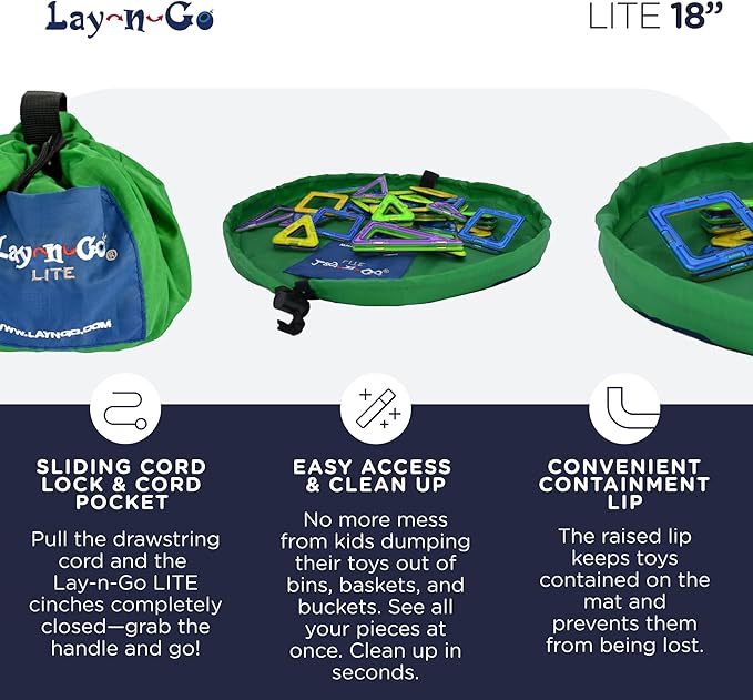 Lay-n-Go 2-in-1 Small Portable Drawstring Toys Storage Organizer and Play Mat for Room and Travel, Made for Kids and Toddlers with a Durable Patented Design