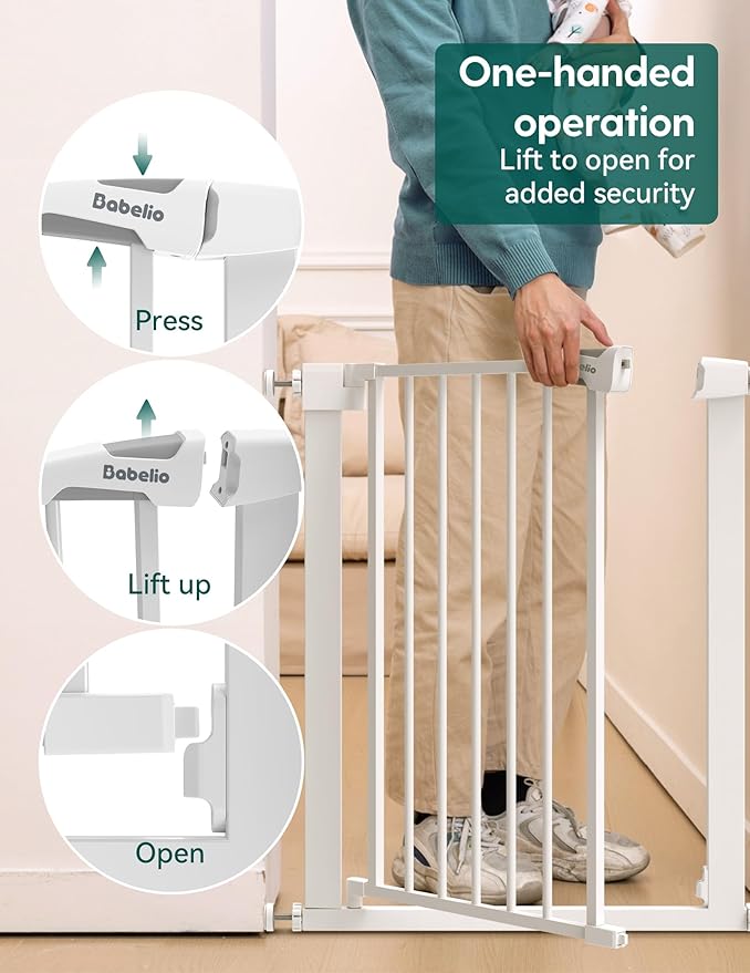 BABELIO 26-28.5 Inch Narrow Easy Install Baby Gate, 30 Inch Tall Auto-Close Metal Pet Gate for Small Stairs and Doorways, NO Drilling Pressure Mounted, NO Extensions, White