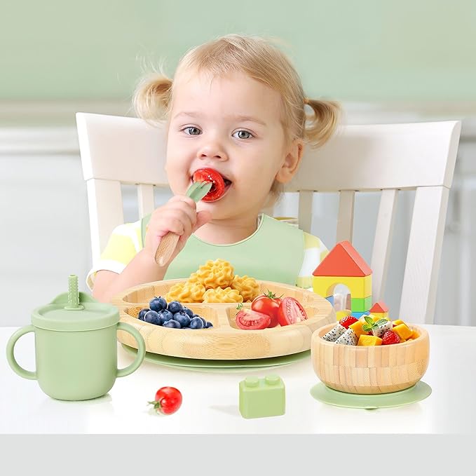 Bamboo Suction Plates for Babies and Bamboo Plates For Kids Baby Feeding and Weaning (Green)