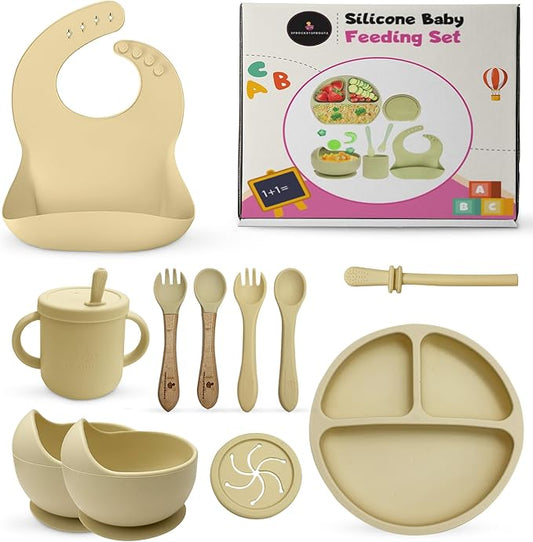 12-Piece Silicone Baby Feeding Set – Suction Bowl, Divided Plate, Bib, Utensils & More – BPA-Free Toddler Mealtime Essentials for Self-Feeding & Baby-Led Weaning