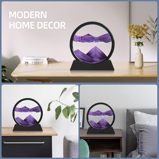 Moving Sand Art Liquid Motion, 3D Deep Sea Sandscape Color Quicksand Decor, Round Glass Moving Sand Art Picture Relaxing Desktop Home Office Work Decor (Purple, 7 inch)