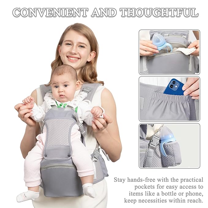 Baby Carrier with Hip Seat for Newborn to Toddler, 6-in-1 Ergonomic Infant Carrier for 0-36 Month Baby, All Positions Soft Breathable Mesh Wrap Carrier with Waist Stool, Baby Holder-Grey