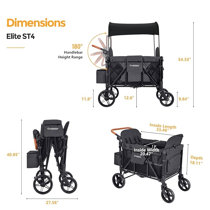 Elite 4-Seater Wagon Stroller for 2-4 Kids, One-Hand Fold, High Seats with 5 Point Harness, Adjustable Handle & Canopy, Dark Gray