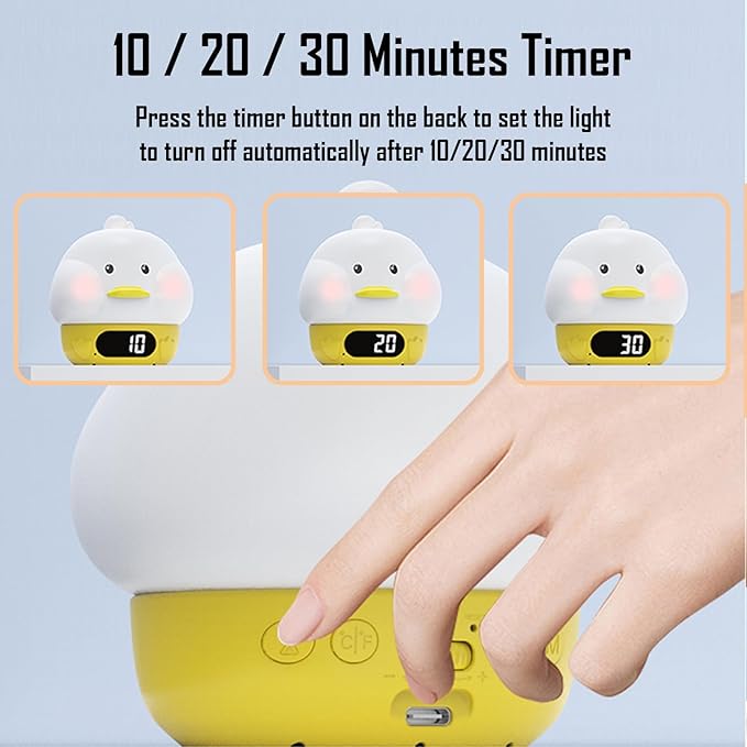 Cute Duck RGB Rechargeable Night Light, Soft Silicone Lampshade, Adjustable Brightness LED Clock, Date, Alarm, Thermometer, Timer, Tap Control, Bedroom Lamp, Gift for Girl and Kid (Yellow Duck)