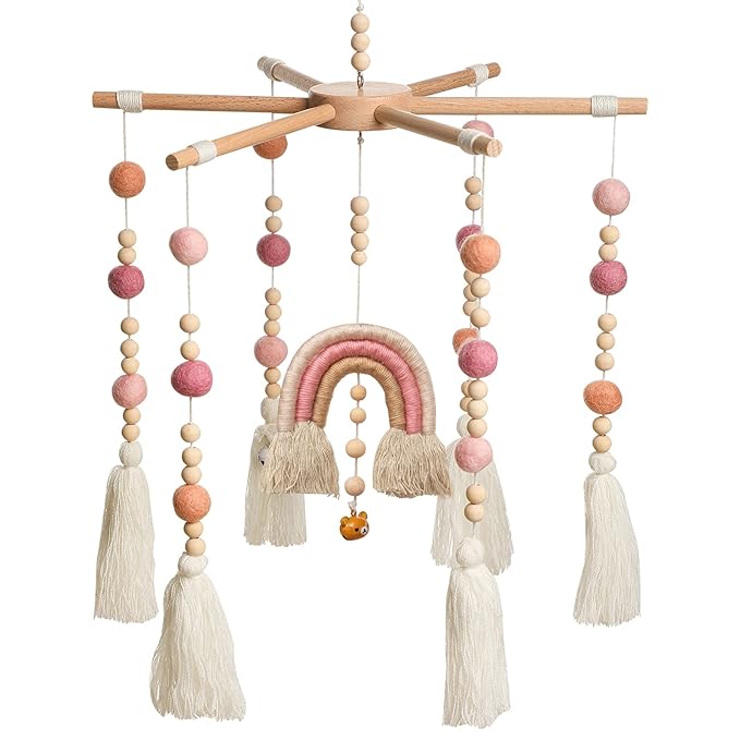 Baby Crib Mobile,Crib Mobile Wooden Mobile with Colorful Cotton Ball Wool Felt Ball Boho Baby Mobile Bassinet Mobile for Crib,Mobile for Baby Nursery and Ceiling Decoration