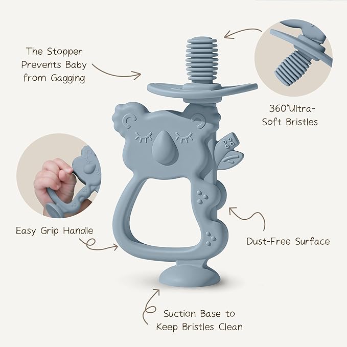Moonkie Teething Toy Set of 2, Safe & Easy to Hold BPA Free Silicone Teethers, 360° Baby Toothbrush with Suction Base, Teether Toys Best for Babies 6-12 Months (Koala Ether/Sage)