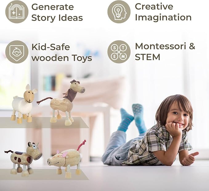 TEKOR Wooden Bendable Farm Animal Toys (Set of 4) | Ages 3 & Up | Early Education Toy Animals for Kids | Fun Montessori Toys | Smooth Natural Wood | Endless Play for Girls & Boys | Non-Toxic Paint |