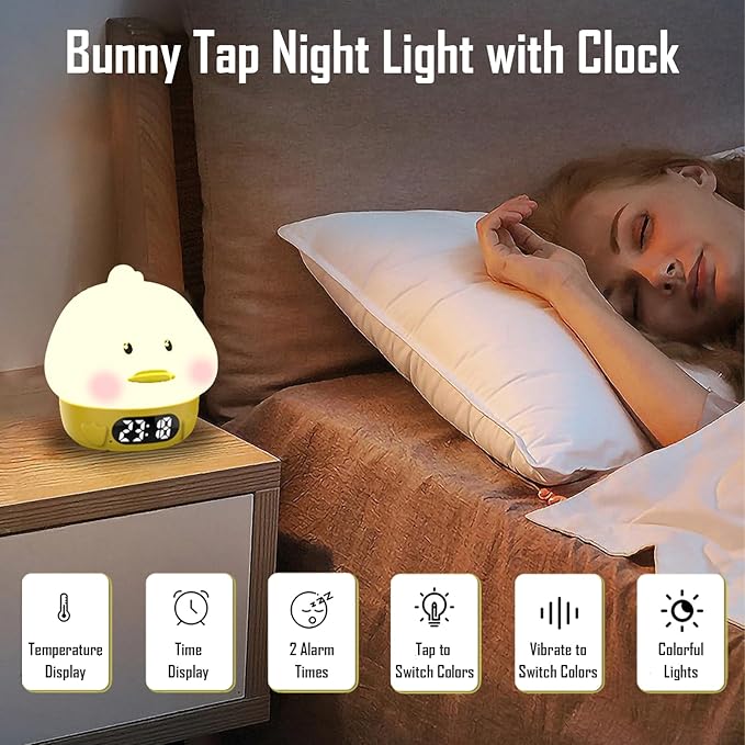 Cute Duck RGB Rechargeable Night Light, Soft Silicone Lampshade, Adjustable Brightness LED Clock, Date, Alarm, Thermometer, Timer, Tap Control, Bedroom Lamp, Gift for Girl and Kid (Yellow Duck)