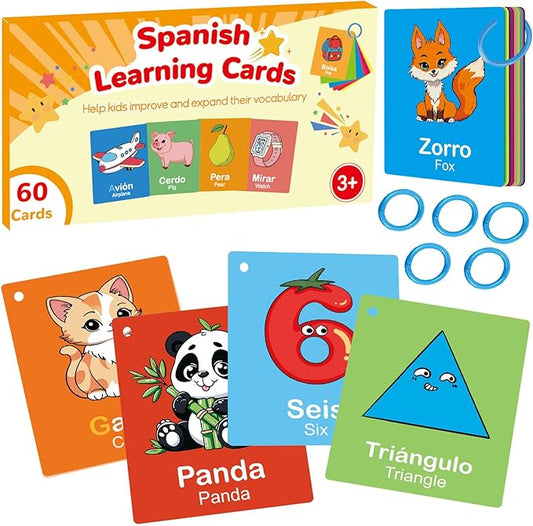Toddler Spanish Learning Flash Cards, 60 PCS Double Sides Bilingual Flashcards for Numbers, Colors, Shapes, Sight Words, Learn Spanish for Kids, Preschool Kindergarten Learning Activities