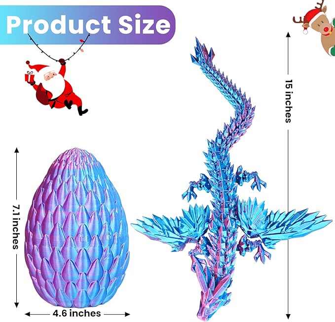 3D Printed Dragon Eggs with Articulated Fly Dragon Inside, Collectible Figurines Fidget Toy for Adults Kids Birthday Easter Christmas White Elephant Gifts for Friends Colleagues(Blue Pink, L Size)