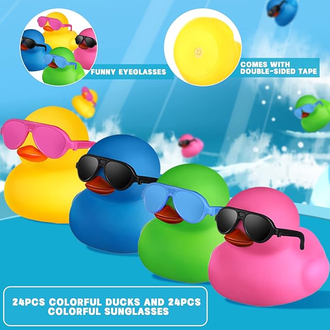 24 Pcs Mini Rubber Ducks with Sunglasses, Rubber Ducks in Bulk Valentine Bathtub Toys for Cruise Valentines Kids Classroom Gift Exchange(Eyeglasses,Yellow, Blue, Pink, Black, Green)