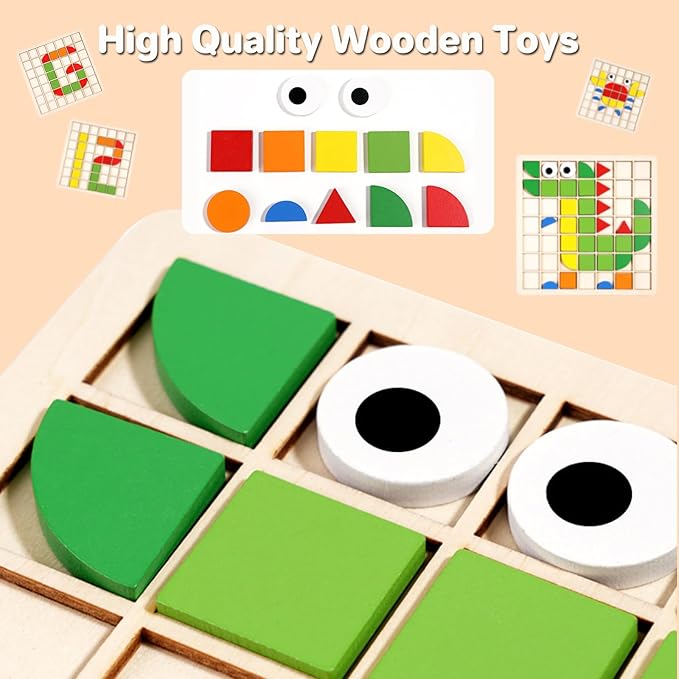 Wooden Mosaic Puzzles 120PCS Pattern Blocks Preschool Learning Activities Educational Toys Shape Matching Game Montessori Toys for Toddlers Kids Boys Girls 3 4 5 Years Old