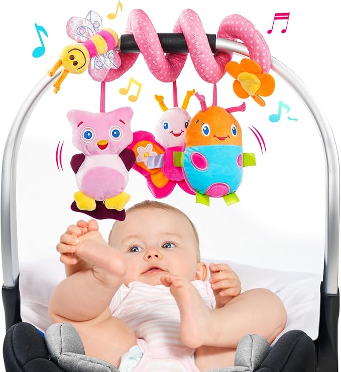 Jollybaby Crib Stroller Car Seat Toys for Baby 0-3-6-9-12 Months, Tummy Time Hanging Sensory Toys for Newborn with Music Box and Teether, Spiral Carseat Toy for Infant Boys Girls Gifts (13-Pink)