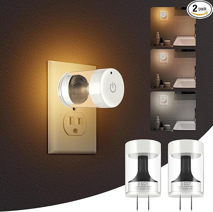 LED Night Lights,Dimmable Night Lights Plug into Wall with Dusk to Dawn Sensor,Touch Control 3-Color Temperature (3000K/4000K/5000K),Adjustable Brightness 100%-10%, for Bathroom,Nursery,Hallway,2 Pack