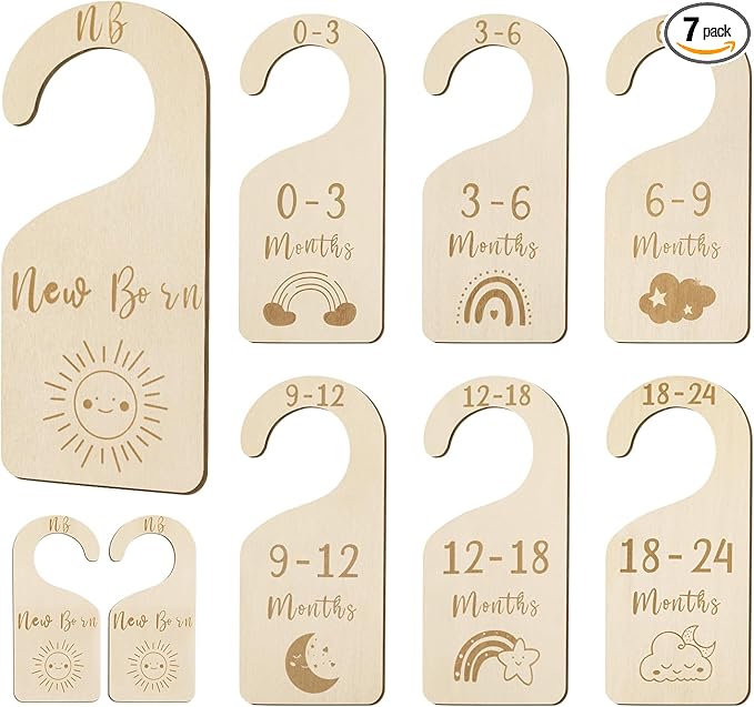Baby Closet Dividers, Wooden Double Sided Nursery Clothes Size Separators for Newborn to 24 Months, Neutral, 7 Pcs
