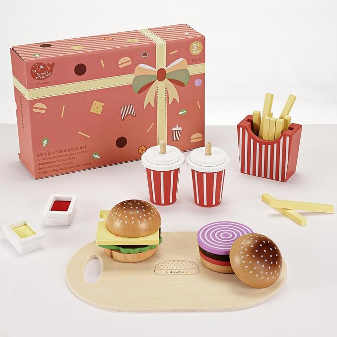 Wooden Play Food Toy for Kids Pretend Play Kitchen Accessories for Toddlers Wooden Play Fast Food Hamburger Set Educational Toys Gift for Boys Girls