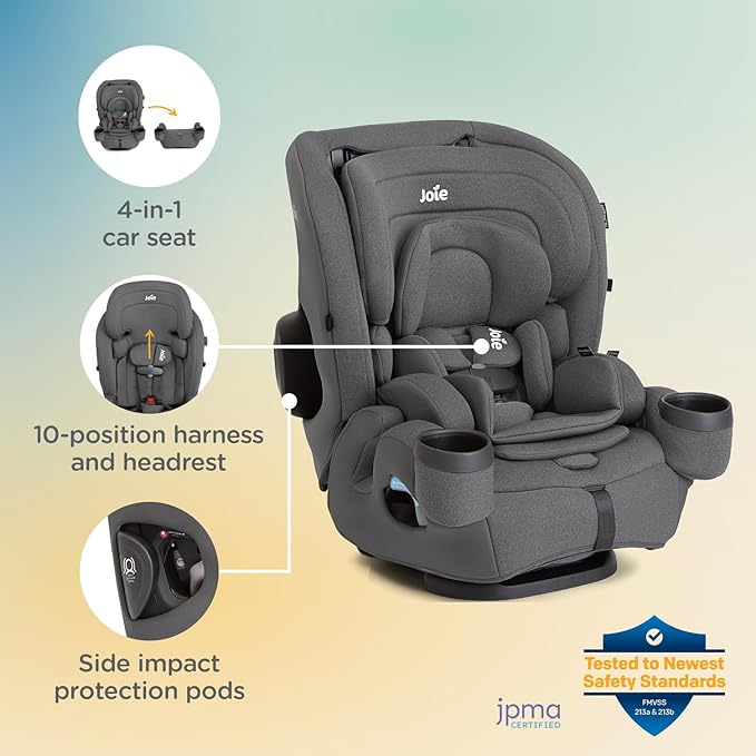Joie Saffron SI 4-in-1 Car Seat – Car Seat for Infants to Toddlers to Big Kids - 4 Modes, 10-Position No-Rethread Headrest & Harness (Thunder)
