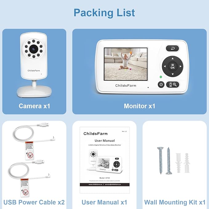 ChildsFarm Baby Monitor with Camera and Audio, Portable Travel Baby Monitor with Screen, Baby Camera Monitor No WiFi, Night Vision, VOX Mode, 1000ft Long Range, Baby Safety Monitor