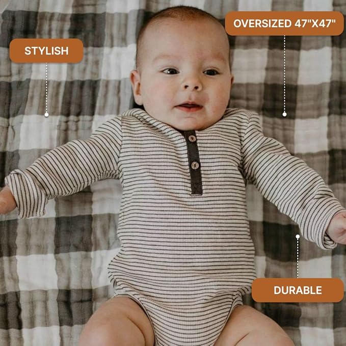 Parker Baby Muslin Blanket | 100% Soft Cotton Toddler Quilt & Baby Muslin Swaddle | Gender Neutral Design 47" x 47" Blanket