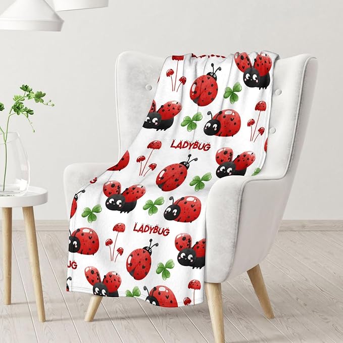Ladybug Gifts - Kids Blanket for Ladybug Lovers - 30 x 40 Inches Lap Size White Cute Flannel Throw Blanket Stuff for Crib, Nap