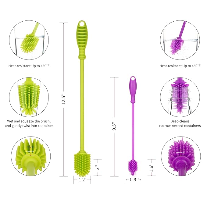 A-Brush Silicone Bottle Cleaner Brush, 2 Piece Set, Flexible, Long Handle - Water Bottle Cleaner, Baby Bottle Nipple Brush for Plastic & Glass, BPA-Free Dish Washing Brush A2S Protection