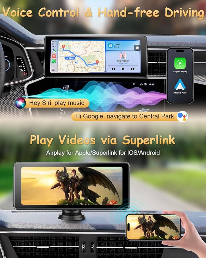 25HOURS YJ1 Baby Car Camera - 6.86" HD Car Baby Monitor Touchscreen with Apple CarPlay, 1080p Ultra IR Night Vision, 150° Wide Angle, Split Screen, 3X Zoom, GPS Navigation,FM,Siri, Plug-and-Play