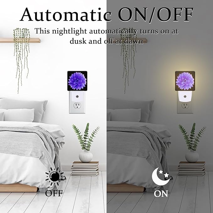 Purple Dahlia Flower Night Light for Kids, Abstract Blooming Floral Night Light Plug in with Dusk to Dawn Sensor, 0.5w Energy Saving Sleep Friendly Nightlight for Hallway Stairway Kitchen Bedroom