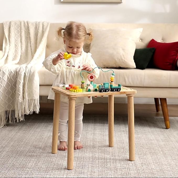 3-in-1 Baby Activity Table for 6-36 Months Old Kids Wooden Activity Center Sensory Play Table for Toddlers with Bead Maze Shape Sorter Montessori Toys Sand Table Must Have Birthday Gift for Girls Boys