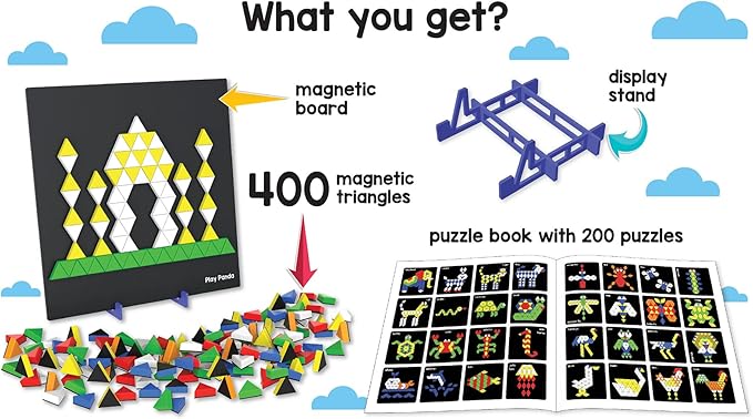 Magnetic Tangram Puzzles Toys for Kids | 400 Magnet Triangles Shapes with 200 Patterns Booklet, Board & Display stand | STEM Educational and learning Games for Ages 4 5 6+ Years|Gifts for Girls & Boys