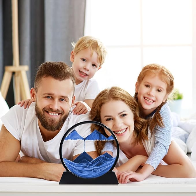 Moving Sand Art Liquid Motion, 3D Deep Sea Sandscape Color Quicksand Decor, Round Glass Moving Sand Art Picture Relaxing Desktop Home Office Work Decor (Blue, 12 inch)