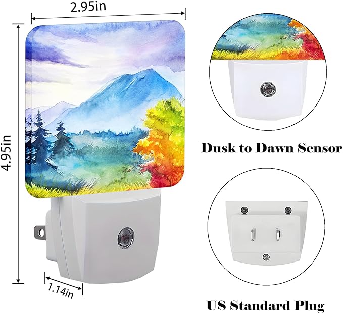 Watercolor Mountains and Forest Night Light,Plug Into Wall for Boys Girls Bedroom Decorative Square Night Light Lamp 0.5w Sleep Friendly