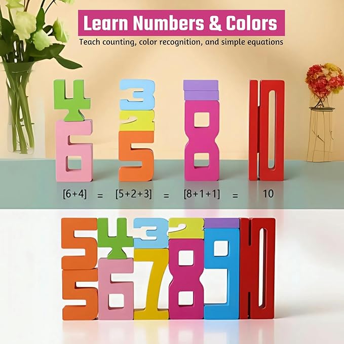 20PCS Wooden Number Building Blocks 1-10 - Montessori Math Stacking Number Blocks Toys with Counting Games, Bright Digital Building Blocks Friends of 10, STEM Learning Toys for Kids Ages 3-8