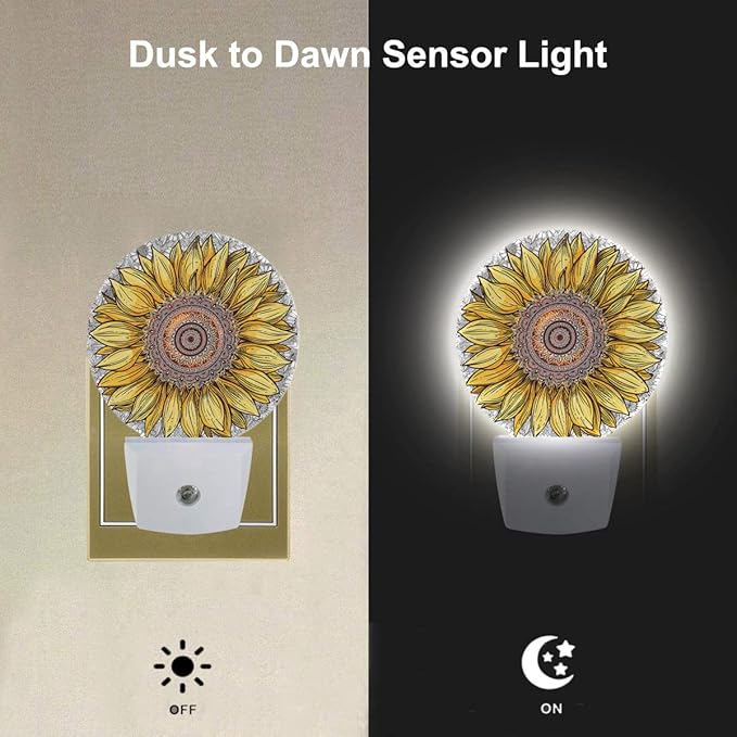 EKOBLA Sunflower Night Lights Plug into Wall Boho Yellow Flower Plug-in Nightlights, Gifts for Women Mom Grandma, Dusk to Dawn Sensor LED Round Nightlight Home Decor