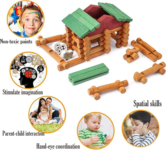 Wondertoys 170 Pieces Wood Logs Set Ages 3+, Classic Building Log Toys for Boy, Creative Construction Engineering Educational Gifts