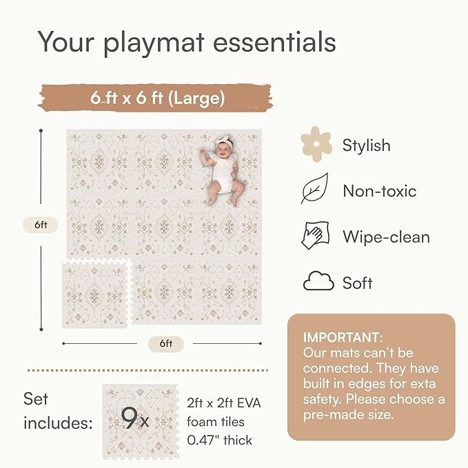 Lillefolk Baby Play Mat for Floor – 6x6ft Vintage Vanilla | Soft Non Toxic Premium EVA Foam Tiles for Tummy Time, Crawling & Playroom – Waterproof Floor Mat for Babies & Toddlers (9 Tiles)