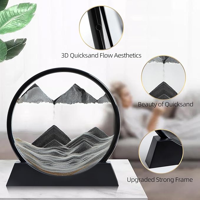 Moving Sand Art Liquid Motion, 3D Deep Sea Sandscape Color Quicksand Decor, Round Glass Moving Sand Art Picture Relaxing Desktop Home Office Work Decor (Black, 12 inch)