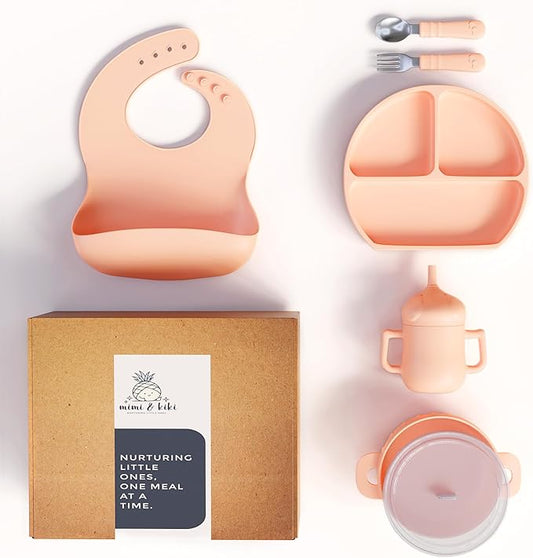 mimi & kiki BPA-Free Silicone Baby Feeding Set, Baby Plates and Bowls Set, Baby Led Weaning Supplies, Silicone Suction Plate, Baby Utensils, Bib and Cup, Self Feeding, Dishwasher Safe (Light Pink)