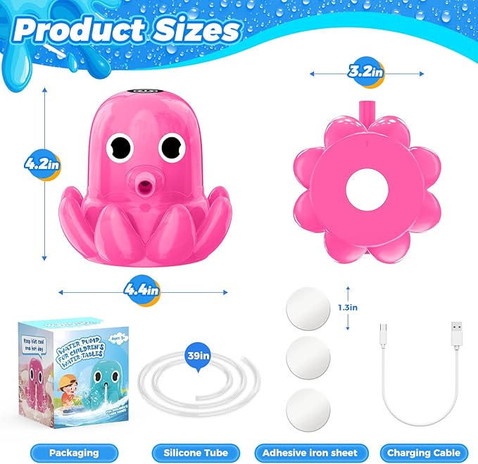 Water Table Pump Octopus, Cordless Rechargeable Pump for Water Tables with Magnetic Mounting, No Drill Installation, Durable Outdoor Water Play Accessories for Kids & Toddlers (Pink)