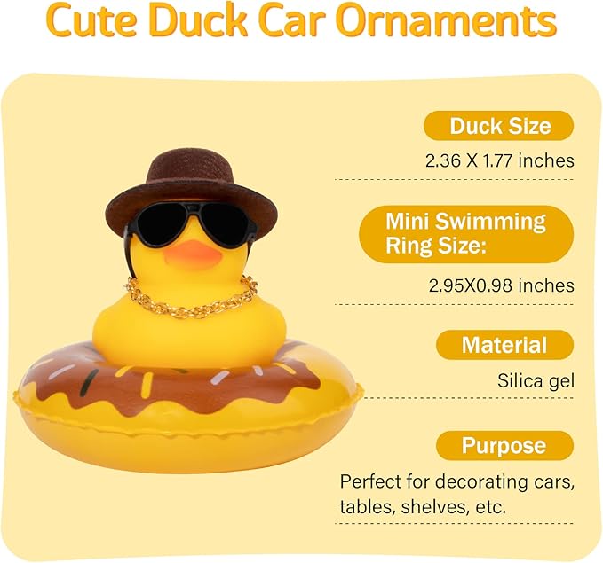 wonuu Car Rubber Duck, Yellow Duck Decoration Dashboard with Sun Hat Swim Ring Necklace Sunglasses for Car Dashboard Decorations