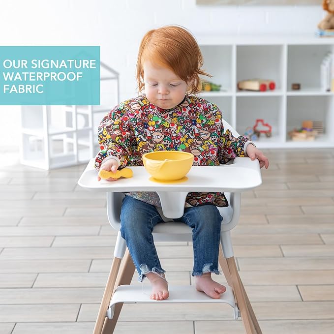 Bumkins Sleeved Bib for Girl or Boy, Baby and Toddler for 6-24 Mos, Essential Must Have for Eating, Feeding, Baby Led Weaning Supplies, Long Sleeve Mess Saving Food Catcher, Nintendo Super Mario