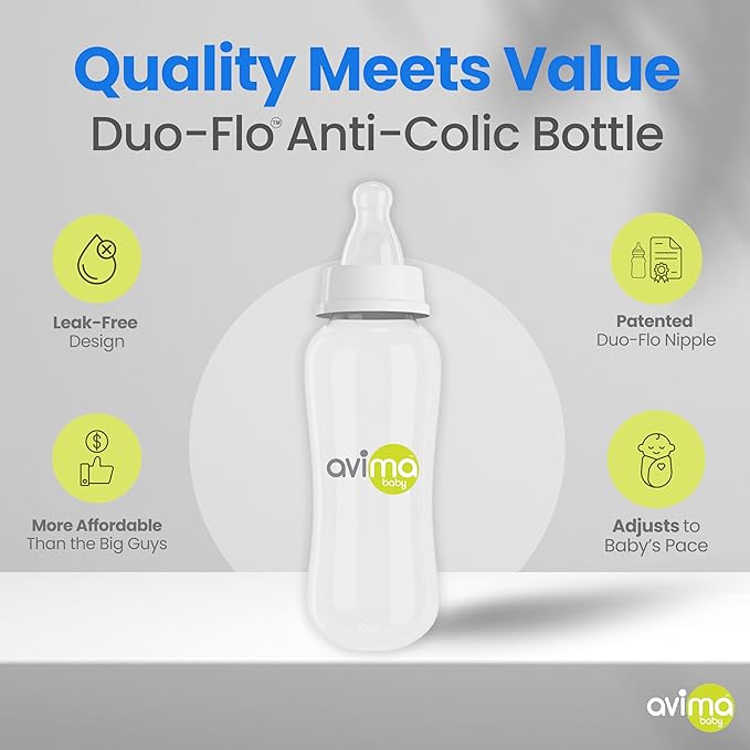 Avima Anti-Colic Baby Bottles – 10 oz, Medium Flow Nipples – BPA-Free, Standard Neck – Stage 2 for 3–6 Months – Set of 6