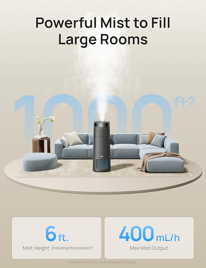Dreo 16L Smart Humidifier Large Room 1000 ft², 130H Cool Mist Air Humidifiers for Bedroom Plants Baby, Top Fill, Remote/Touch/Voice & APP Control, Self-Cleaning Tank, 30dB, RGB Light, HM755S Grey