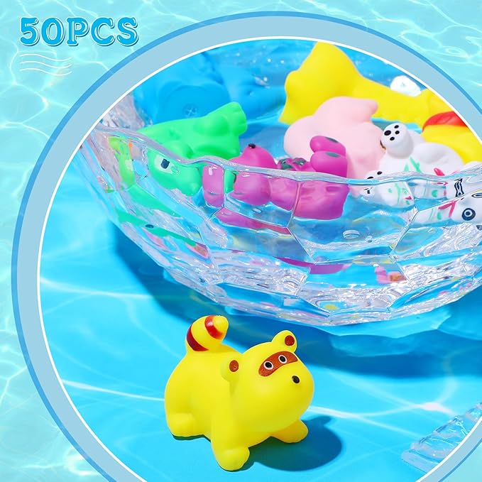 Chivao 50 Pcs Baby Bath Toys Bulk Infant Water Float Squeak Rubber Bathtub Pool Toy for Toddlers Kids Baby Shower Party Favors Birthday Gifts, Ocean Animals, Random Style(Jungle Style)