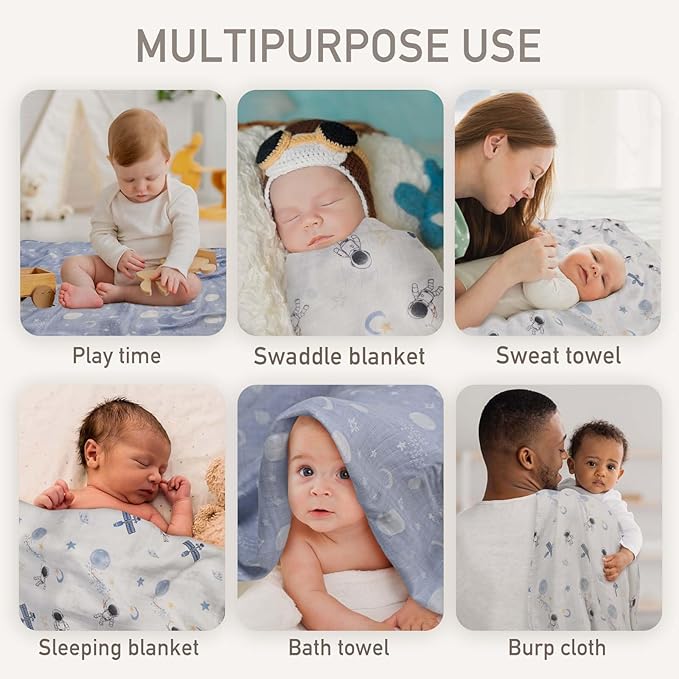 GLLQUEN BABY Receiving Blanket Boy Cotton Muslin Swaddle Blankets Girl Newborn Squares Breathable & Soft Thin Baby Blankets Cloths Double Absorbent Infant Swaddling Wrap - 3 Pack (Blue Astronaut)