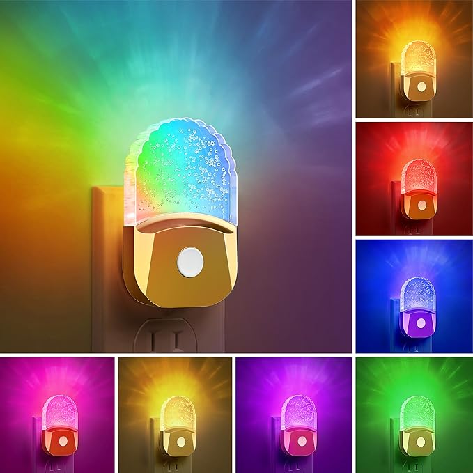 DORESshop 8-Color RGB LED Night Lights Plug Into Wall [2 Pack], Color Changing Night Light with Dusk to Dawn Sensor for Bathroom Decor, Children Room, Golden Cover