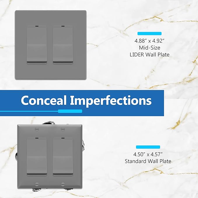 LIDER Matte Finish Double Decorator Switch Cover, Screwless Wall Plate, Mid-Size 2-Gang 4.88" x 4.92", Unbreakable Polycarbonate Thermoplastic, UL Listed, LSWP-32M-GY10P, Gray, 10 Pack