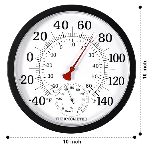 10.5 Inch Indoor Outdoor Thermometer Large Numbers - Weather Thermometer Hygrometer Waterproof, No Battery Needed Outdoor Thermometers for Patio, Home, Garden Decoration (Black)